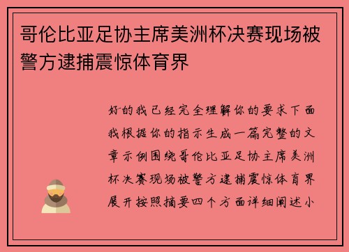 哥伦比亚足协主席美洲杯决赛现场被警方逮捕震惊体育界